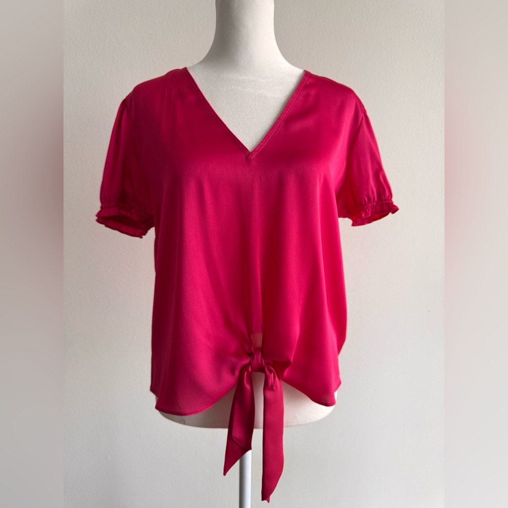 Pink Front Tie Blouse with Short Ruffled Puffed Sleeves